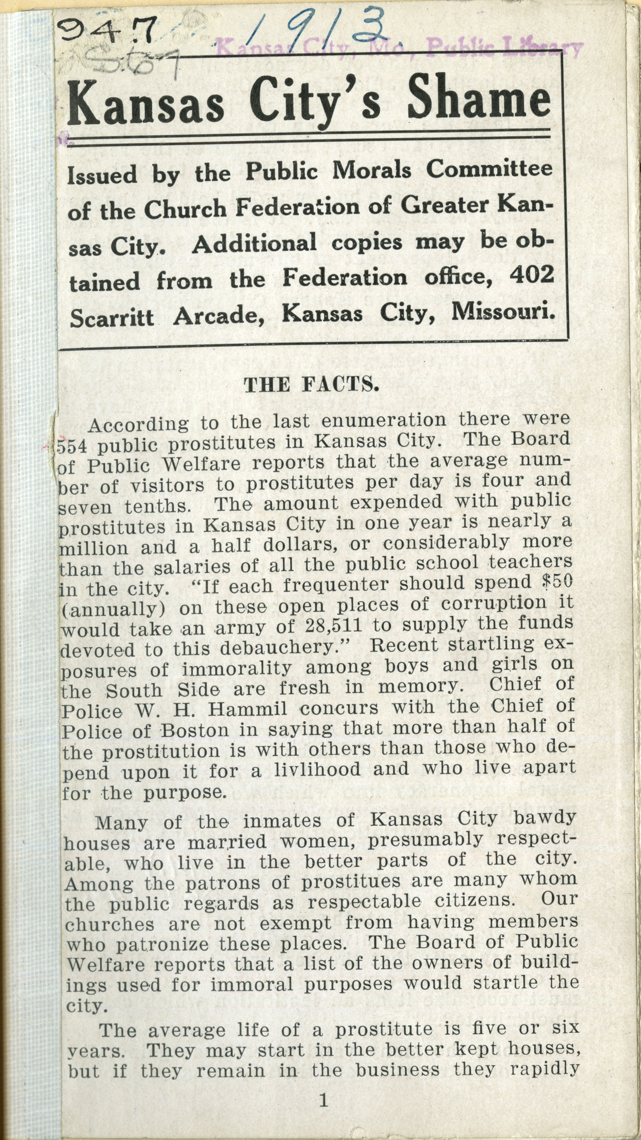 Kansas City's Shame, 1913 pamphlet on vice in Kansas City
