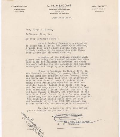 letter From C. M. Meadows to Lloyd C. Stark