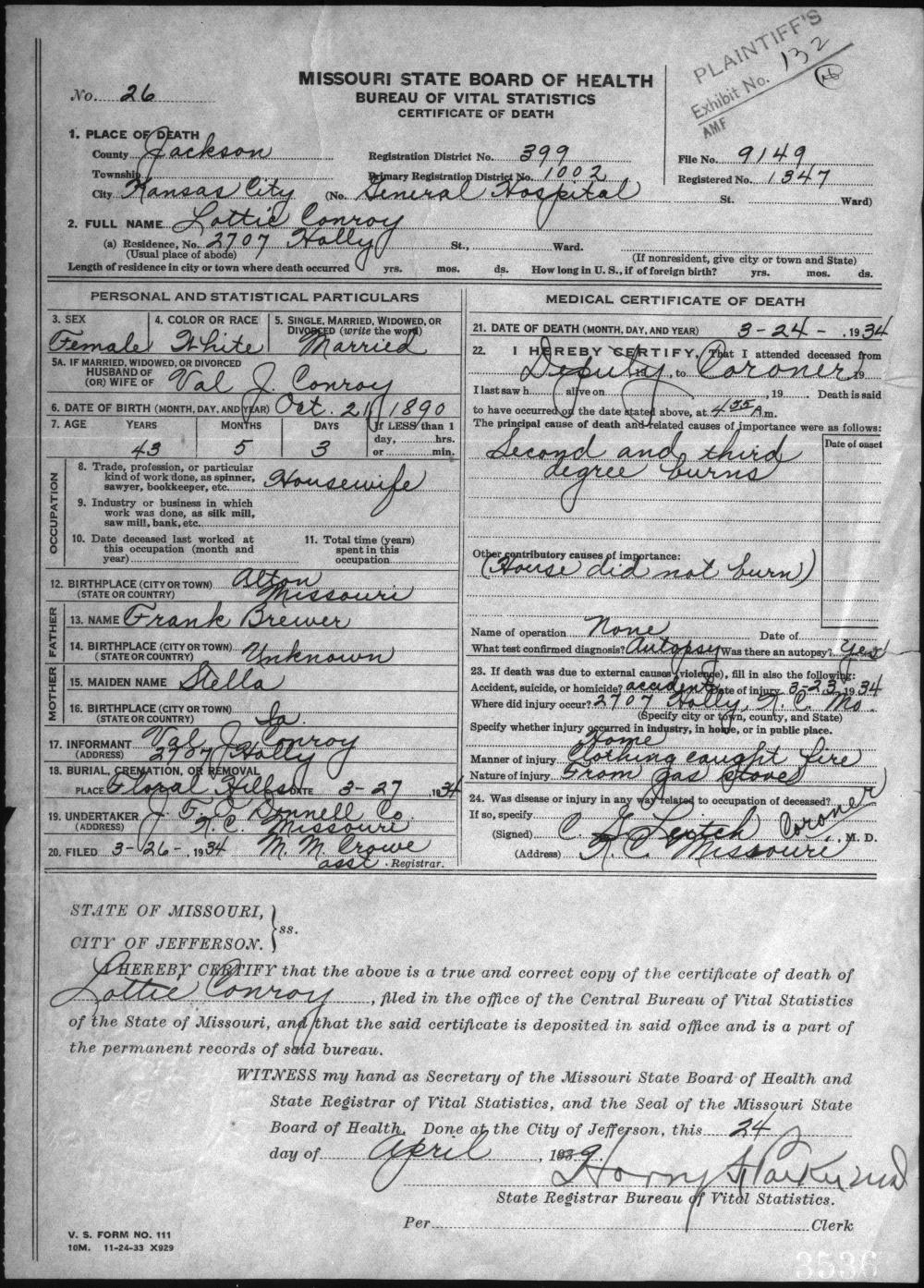 Lottie Conroy death certificate